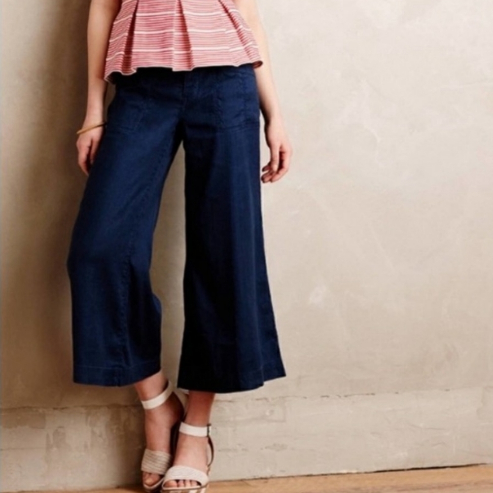 Anthro Level 99 Wide Leg Navy Blue Linen Pants 28